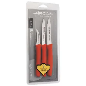 Juego de 3 cuchillos peladores Nova con mango ergonómico rojo.