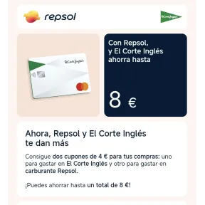 Ahorra 4€ en Gasolina Repsol y 4€ en El Corte Inglés