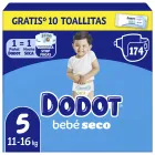 Pañales Dodot Bebé-Seco Talla 5 + 10 Toallitas, 174 Pzas.