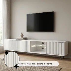 Soporte TV Blanco 140 cm con Frentes y Patas de Metal