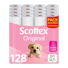 Scottex Original: papel higiénico 128 rollos de 2 capas