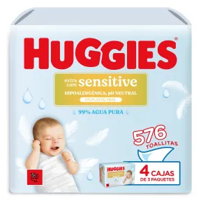 Huggies Extra Care Sensitive: 576 Toallitas Bebé, 99% Agua
