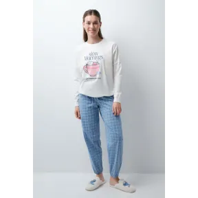 Pijama largo de algodón Snoopy a cuadros (XS-XLL)