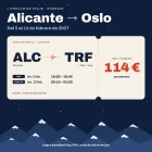 Vuelo Alicante–Oslo Torp ida y vuelta por 114 € en febrero