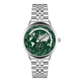 Reloj Paul McNeal GMT de cuarzo en acero plateado y verde