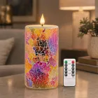 Vela LED de mosaico artesanal roja, púrpura y naranja