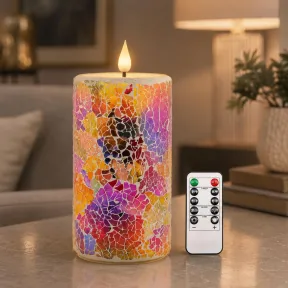 Vela LED de mosaico artesanal roja, púrpura y naranja