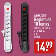 Regleta WORKZONE 10 tomas con USB-A, USB-C y cable 2 m