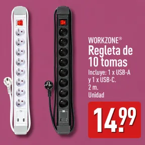 Regleta WORKZONE 10 tomas con USB-A, USB-C y cable 2 m