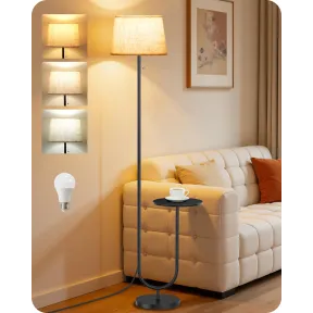 Lámpara de pie con mesa auxiliar y pantalla beige