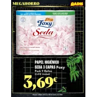 Papel higiénico 3 capas Foxy Seda, pack 9 rollos a 3,69€