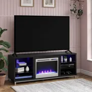 Mueble TV 70” con Chimenea LED RGB y 6 Estantes Roble Negro