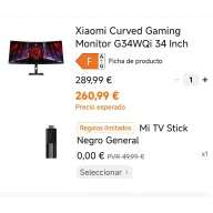 Monitor Curvo Xiaomi G34WQi 34" 180Hz + TV Stick o Altavoz GRATIS