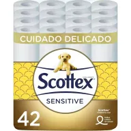 Papel Higiénico Scottex Sensitive 42 rollos, 3 capas suavidad.