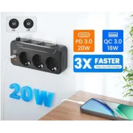 Enchufes 3 Tomas con Interruptor y Carga Rápida PD20W