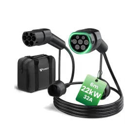 Cable de Carga EV Tipo 2 22kW 32A 6M, IP54 Impermeable
