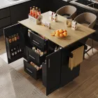 Isla de cocina negra con estantes y carrito desmontable