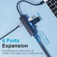 Dock USB-C Negro Vention con 3xUSB 2.0 y RJ45