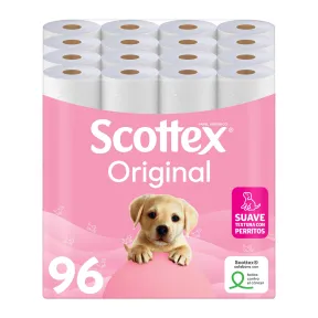 Papel higiénico Scottex Original, 96 rollos, 6 packs dos capas.