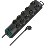 Regleta de 10 Tomas y 2 Interruptores, Cable 2m, Negra