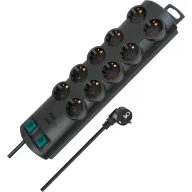 Regleta de 10 Tomas y 2 Interruptores, Cable 2m, Negra