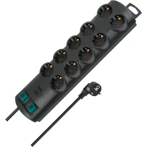 Regleta de 10 Tomas y 2 Interruptores, Cable 2m, Negra