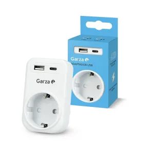 Adaptador 3 en 1 con Schuko, USB-A y USB-C, Carga Rápida
