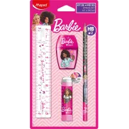 Papelería Barbie Mini Set: lápiz, regla, goma, sacapuntas