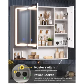 Armario para baño con espejo, luz y enchufe, 3 puertas