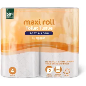 Papel higiénico suave acolchado Maxi Roll, 4 rollos de 500 desgarros