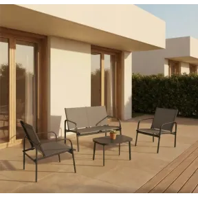 Muebles de jardín: sofá gris oscuro, 2 sillones y mesa baja