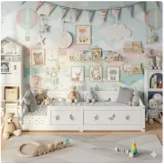 Cama evolutiva blanca 90 x 200 cm con barandillas y patas estrella y luna