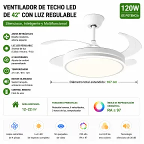 Ventilador multifuncional LED 42" con aspas retráctiles