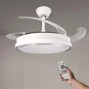 Ventilador blanco con luz LED regulable y aspas retráctiles