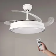Ventilador blanco con luz LED regulable y aspas retráctiles
