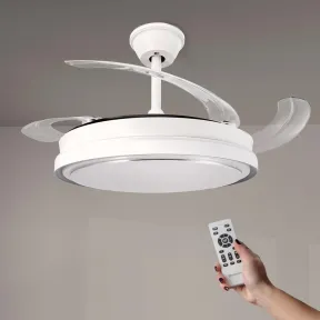 Ventilador blanco con luz LED regulable y aspas retráctiles