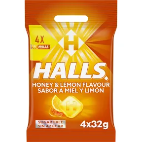 Caramelos Sin Azúcar Halls Sabor Miel y Limón, 4 x 32 g
