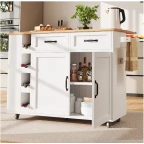 Isla de cocina móvil blanca con 2 puertas y 4 botelleros