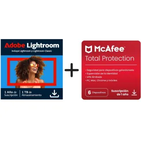 Lightroom con 1TB en la Nube y McAfee 2026 para 6 Dispositivos