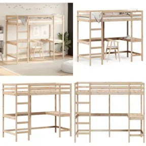 Cama alta de pino con escritorio 100x200 cm - Madera maciza