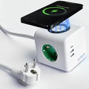 Cubo Regleta Enchufes con 2 USB y Carga Inalámbrica 15W