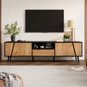 Mueble de salón TV 180 cm, negro y natural, con 2 puertas