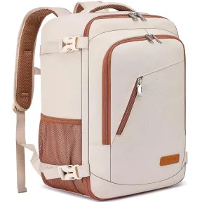 Mochila beige de viaje con puerto USB integrado.