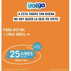 Fibra 600mb + línea móvil ilimitada en Yoigo.
