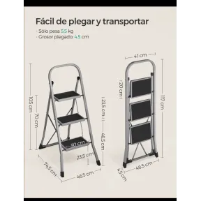 Escalera plegable SONGMICS de 3 escalones, segura y compacta