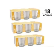 Set de 18 vasos bajos de vidrio, aptos para lavavajillas.