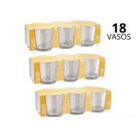 Set de 18 vasos bajos de vidrio, aptos para lavavajillas.