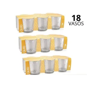 Set de 18 vasos bajos de vidrio, aptos para lavavajillas.