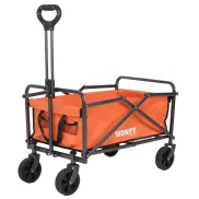 Carro plegable naranja con mango regulable y 2 ruedas giratorias.