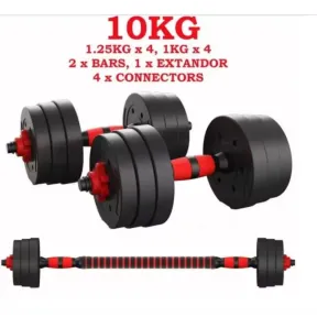Mancuernas Ajustables 3 en 1 con Asa y Barra Recta, 10 Kg